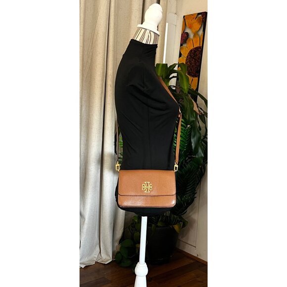 AUTHENTIC TORY BURCH CAMEL BROWN LEATHER BRITTEN SHOULDER BAG/CROSSBODY - Picture 10 of 11